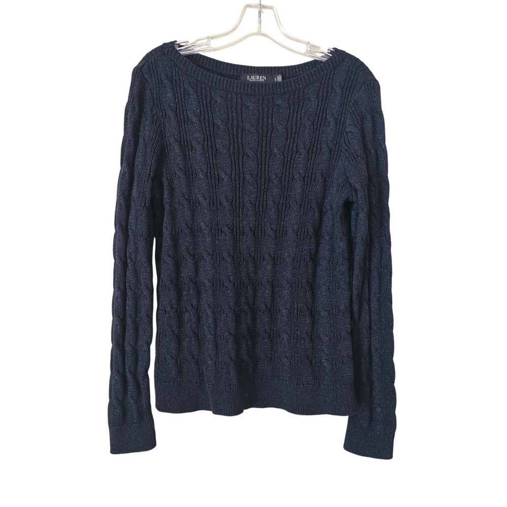 Lauren Ralph Lauren Navy Blue Metallic Cable Knit Boat Neck Sweater Size Large